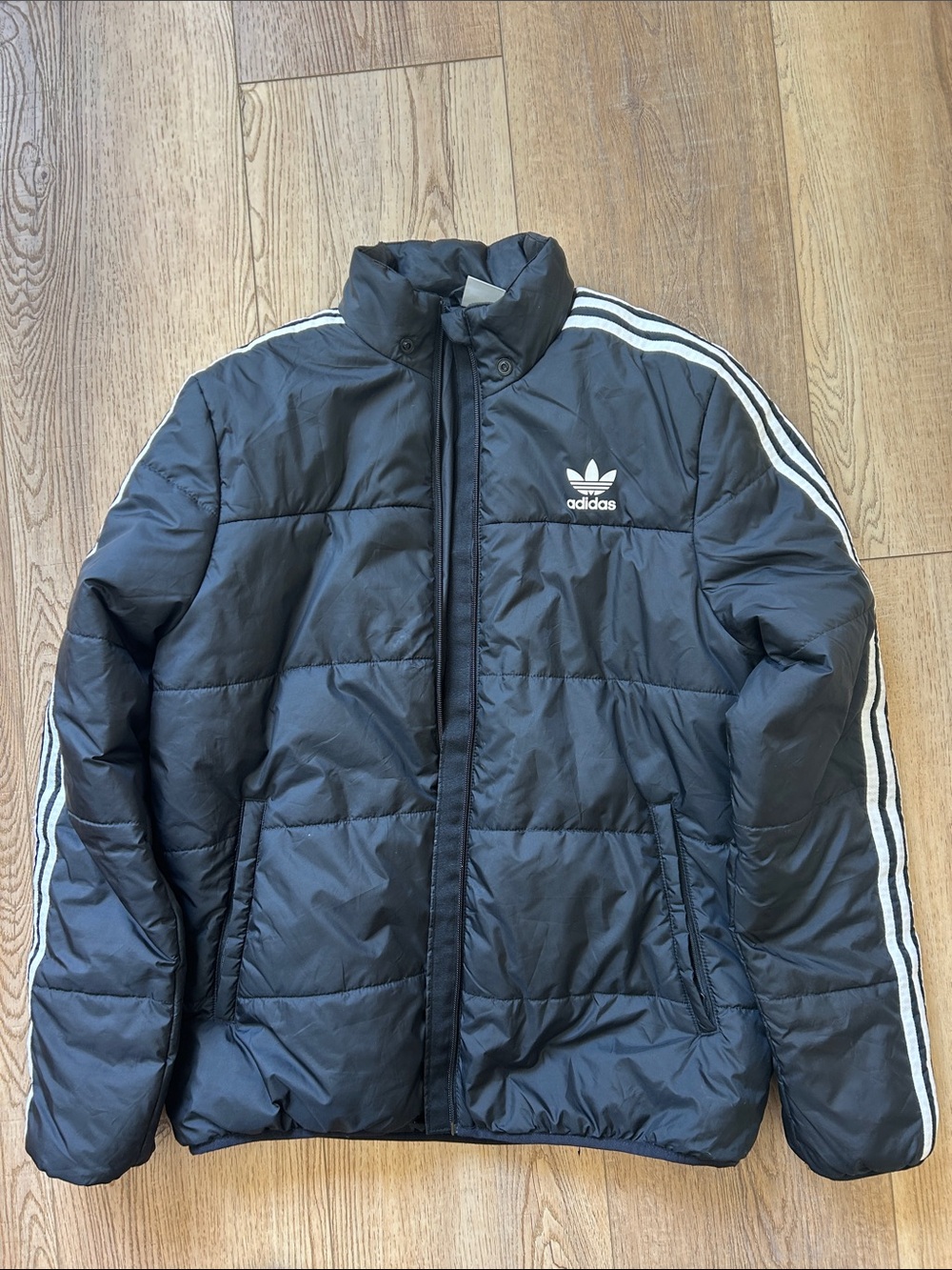adidas Black Puffer Jacket with White Three-Stripe Detail